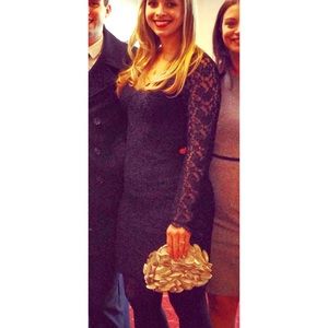 V neck, lace, 3/4 length sleeve midi black dress